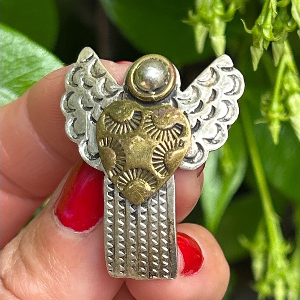 Sterling Silver Brass Angel Heart Brooch Pendant